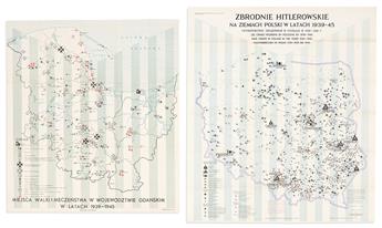 (WORLD WAR II -- HOLOCAUST.) Group of 3 sobering maps particularizing the hideous expanse of locations throughout Poland where Nazi war